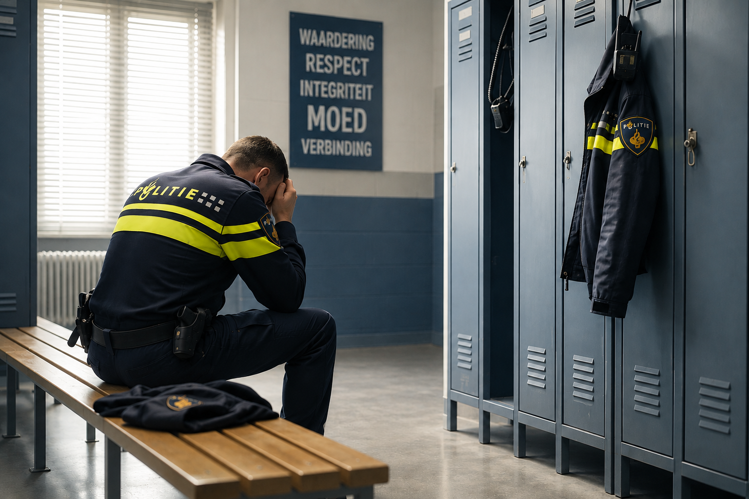 Politiemedewerker zit na een moeilijke ervaring in de kleedkamer