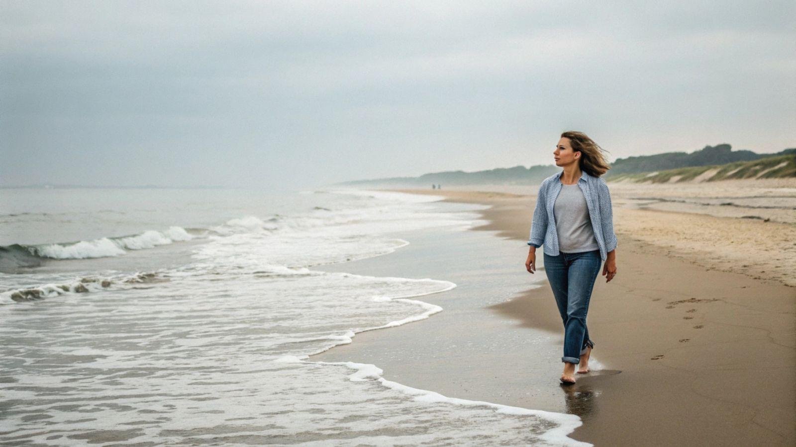Persoon loopt rustig langs het strand tijdens het verwerken van een ingrijpende ervaring
